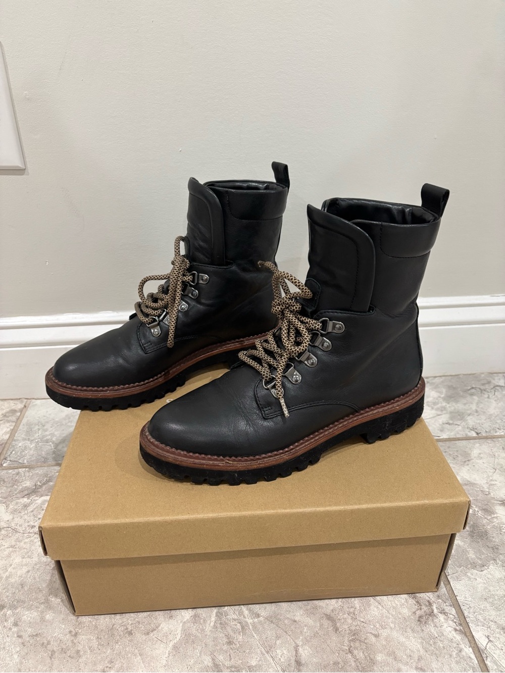 Sanctuary Black Leather Women's Combat Boots with Brown Welt